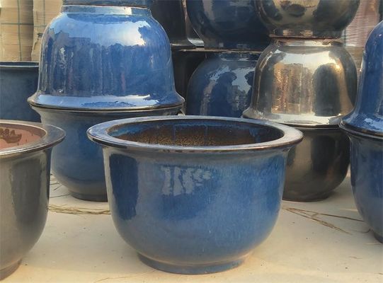 Round 60cmx37cm Blue Ceramic Outdoor Garden Pots
